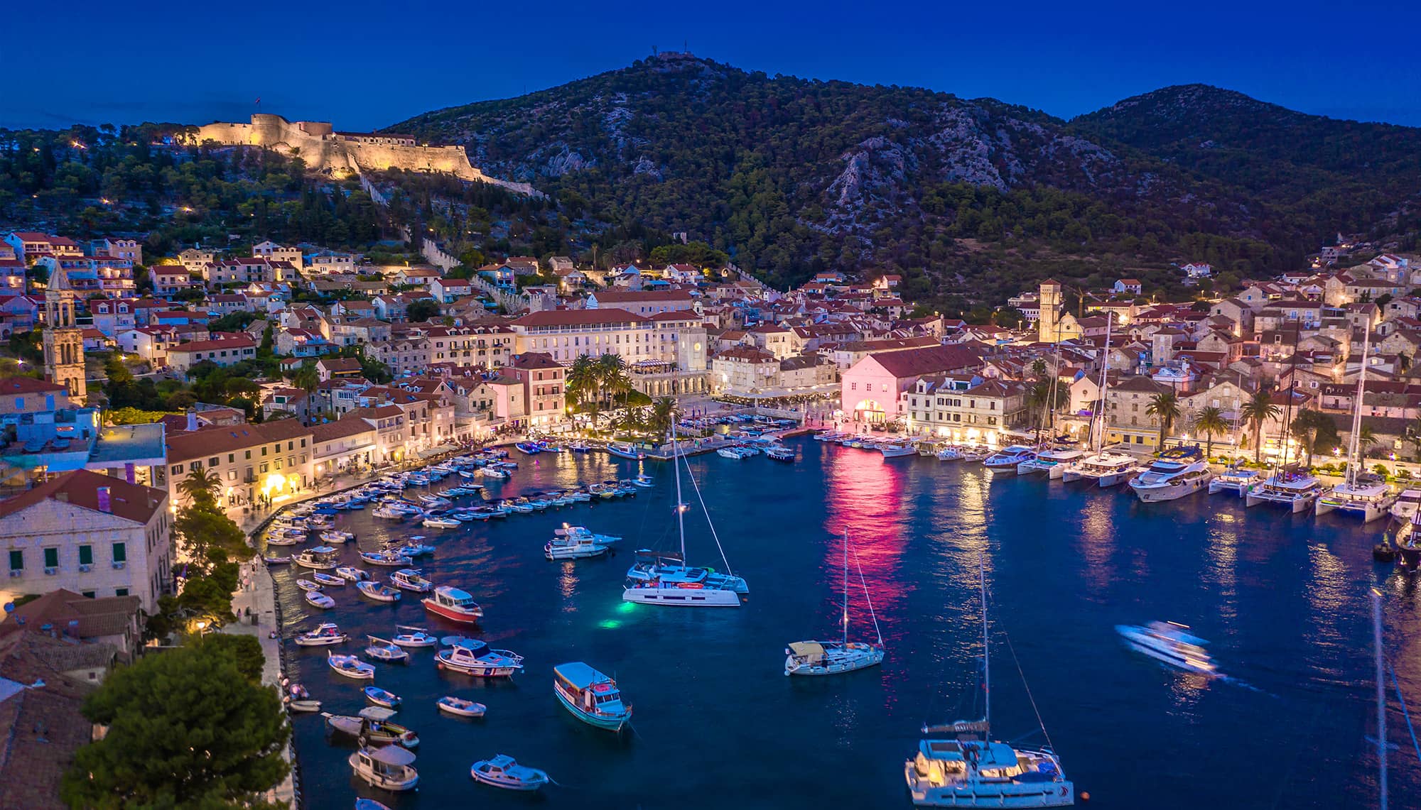 Panoramic view of Hvar Town harbor and the Pakleni Islands