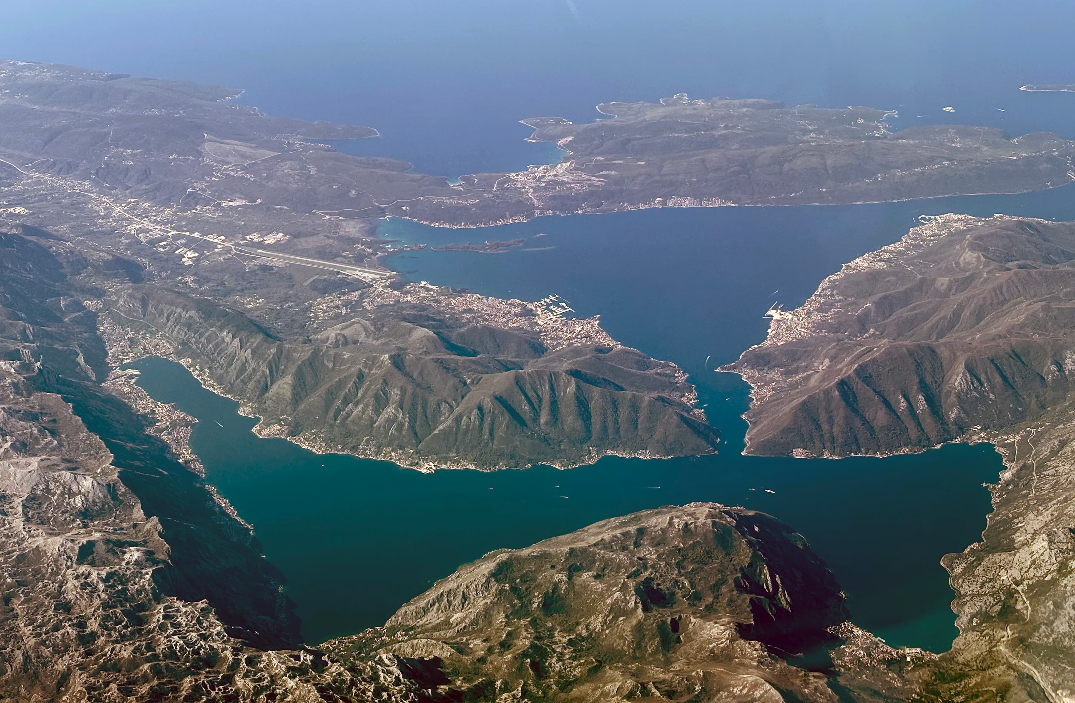 Aerial view of the Bay of Kotor and the fortified old town